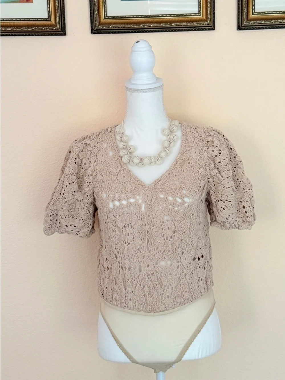 FREE PEOPLE Crochet V-Neck Bodysuit in Soft Blush Beige Boho Top Festival Blouse
